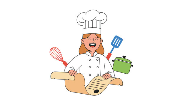Smiling female chef character in a uniform holding a paper menu scroll surrounded by cooking tools on white background.