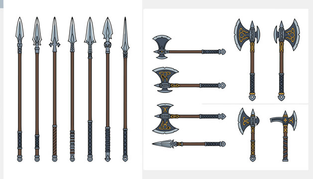 Pixel art medieval weapons collection featuring various spears and double-headed battle axes on a white background.