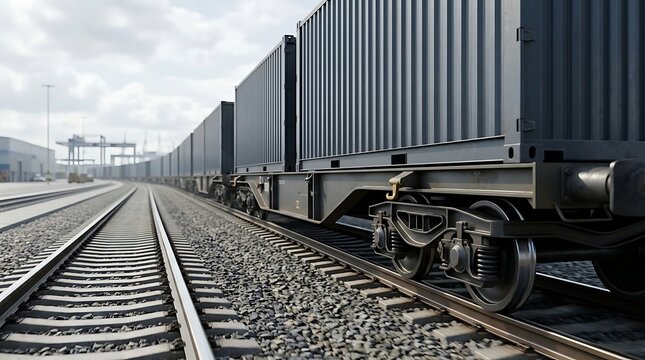 A long train carrying shipping containers on tracks in a yard, symbolizing global trade and logistics