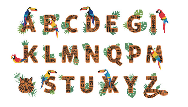 Tropical alphabet letters decorated with tribal patterns, colorful toucans, parrots, and a native tiger mask.