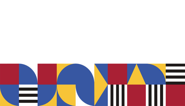 Modern bauhaus style abstract geometric border with colorful shapes and black and white stripes at the bottom.