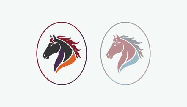 Two stylized horse head logo emblems in oval frames with dark and pastel color schemes on white background.