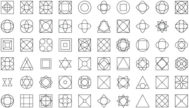 Grid of fifty four complex abstract geometric line drawings star patterns and mandalas on white background.