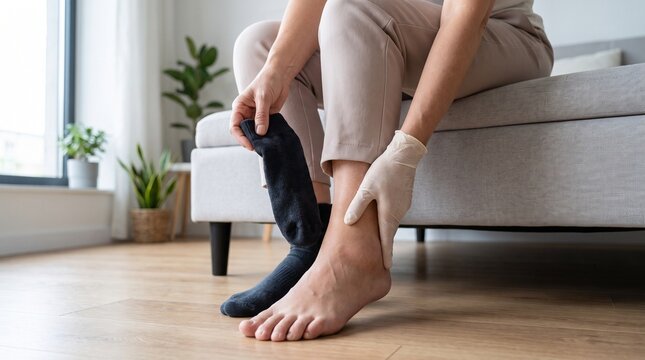 Person wearing compression stocking on swollen ankle for medical recovery and pain relief