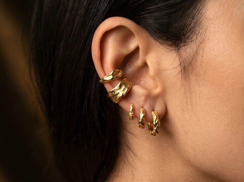 Gold Earrings Adorning a Womans Ear in an Elegant Close Up Beauty Portrait with Textured Hoop and Cuff Jewelry Against Dark Hair for Fashion and Luxury Accessory Campaigns