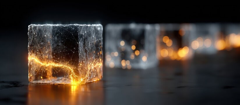 Glowing ice cubes on dark surface.