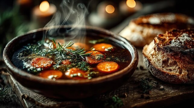 Hearty stew with carrots and herbs.