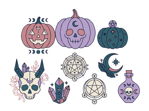 Witchy Halloween Symbols Pumpkins Skull Moon Crystals Potions and Sigils