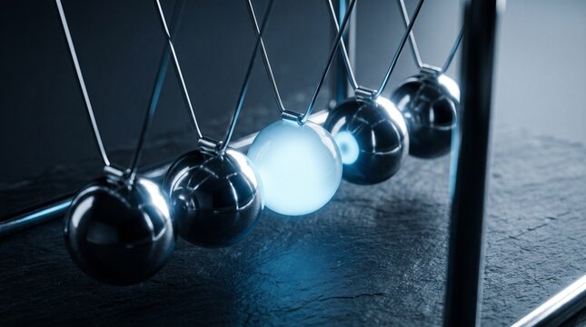 Newton's Cradle with glowing blue ball, motion, physics, and science concept