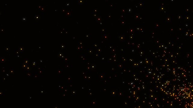 Abstract dark background with glowing red and orange fire sparks floating up from the corner. This seamless ember motion graphic loop is perfect for dramatic energy video designs.