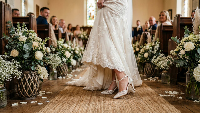 Bride holding up her wedding dress to show her elegant heels while walking down the church aisle