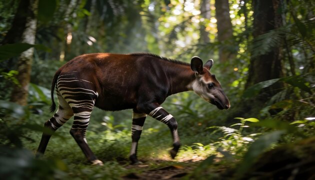 Okapi with distinctive stripes walking through dense green jungle foliage