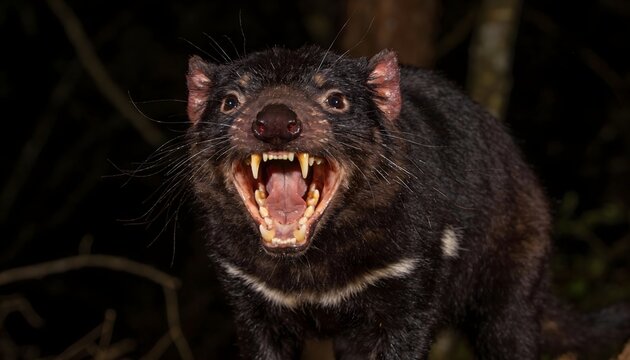 Fierce Tasmanian devil snarling open-mouthed with sharp teeth at night