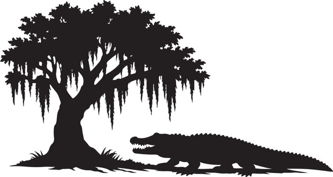 Alligator and spanish moss tree silhouette vector