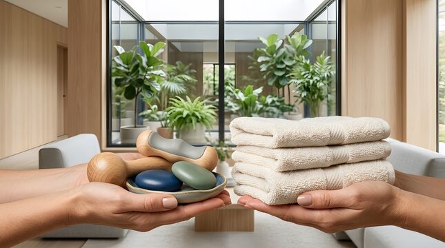 Hands Offering Spa Essentials Including Folded Towels and Massage Stones.