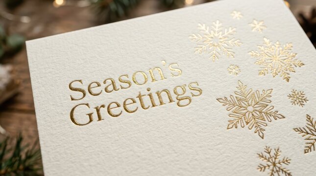Season's Greetings card with gold foil snowflakes on textured paper for Christmas holidays.