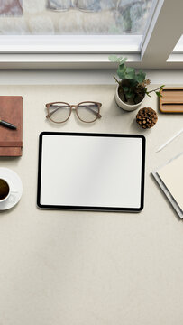 3D Illustration of Office Desk Flat Lay with Tablet Blank Screen, Notebook, Glasses, and Coffee Cup