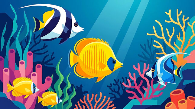 Colorful tropical fish swimming near vibrant coral reef.