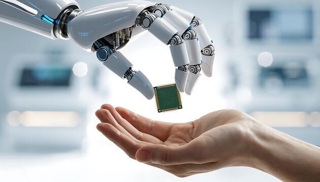 Futuristic bionic robotic hand holding a microchip over a human palm for technology concept.