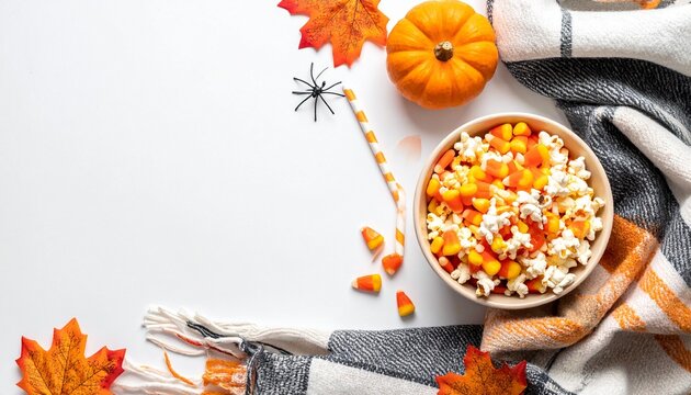 Colorful Halloween candy assortment in wooden bowl with orange decorative pumpkin, autumn maple leaves, spider decoration and gray linen cloth on white background for festive food photography flat lay