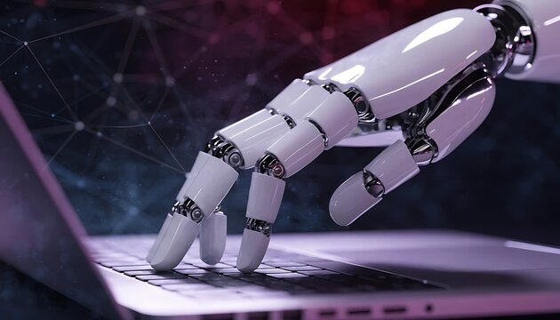 White robotic hand typing on a laptop keyboard representing artificial intelligence technology