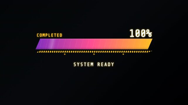 Futuristic digital progress bar animation showing system calibration from zero to one hundred percent.