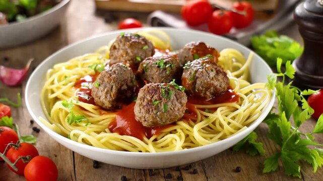 homemade spaghetti with meatballs in tomato sauce, Italian classic
