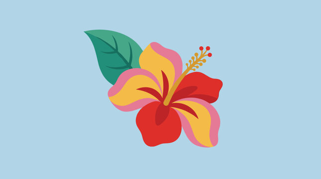 Stylized colorful hibiscus flower with bold petals and vibrant leaves on a soft blue background capturing tropical elegance and