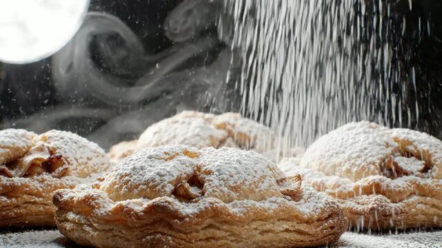 Fresh baked apple pies with powdered sugar dusting, slow motion culinary preparation, gourmet dessert baking concept