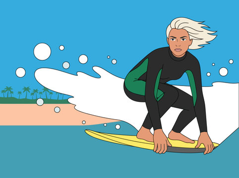 Blonde Female Surfer Riding Ocean Wave Cartoon Illustration