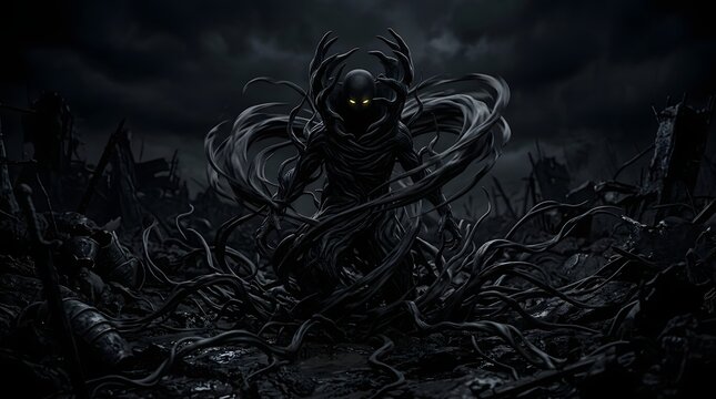 Wallpaper dark shadowy creature with glowing eyes emerging from tangled vines