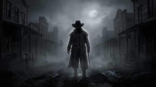 Wallpaper lone cowboy standing on a muddy street in a ghost town with wild west