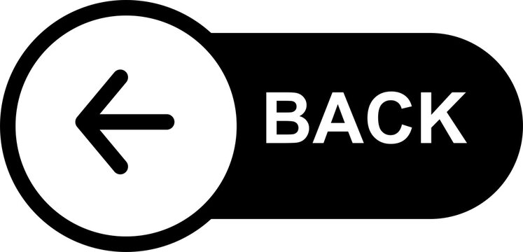 Back Button PNG with Black Text, Left Arrow and White Circular Outline, Website Navigation Control, Isolated on Transparent Background