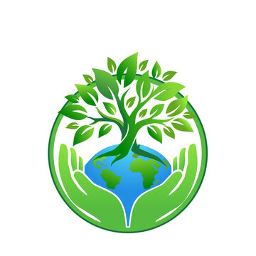 Vector illustration of green tree with leaves growing on earth globe inside circle on black background. Flat design concept for ecology, environment, sustainability, nature protection, and green earth