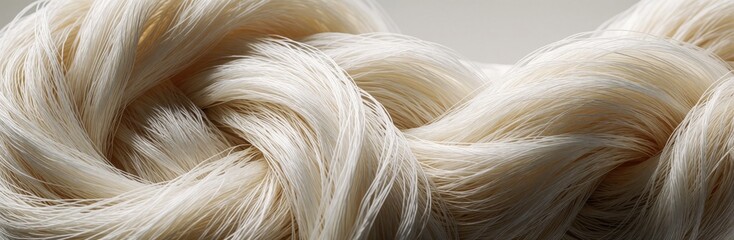 Fototapeta premium Closeup of soft cream lyocell fiber strands woven in curves. Natural textile material shows delicate texture. Eco friendly fabric for premium fashion and design.