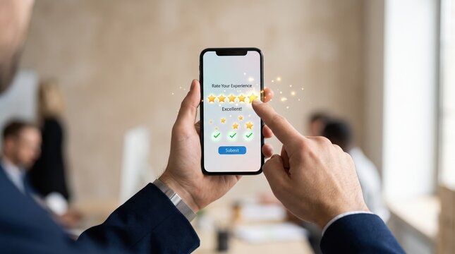 of male hands holding smartphone giving five star rating review on mobile application, excellent customer service feedback, positive user experience evaluation, digital survey