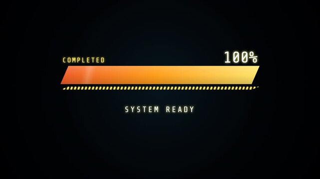 Futuristic digital progress bar animation showing system assembly and completion on a dark background.