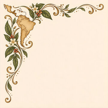 Ornamento latinoamericano vintage con mapa y motivos bot&aacute;nicos