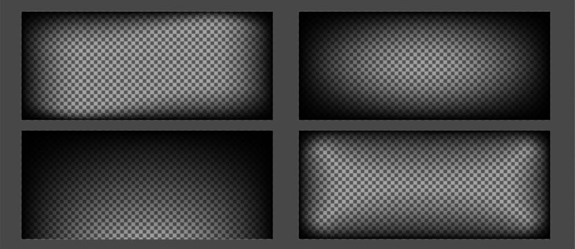 Set of black vignette effects with gradient fade on transparent background. Vector realistic illustration of dramatic shadow overlay for photo frames and vintage design with dark corner borders
