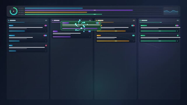 Digital Dashboard Interface With Interactive Data Visualization And Animated Progress Bars On A Dark Background