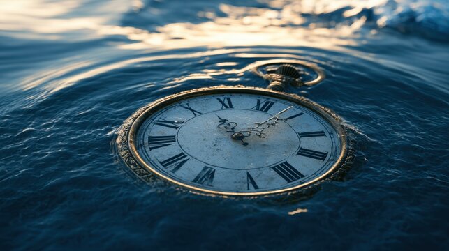 Vintage pocket watch partially submerged in water reflecting light with detailed clock face and Roman numerals on calm surface