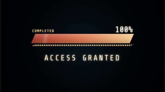 Futuristic digital loading bar animation showing unlocking progress and access granted message.