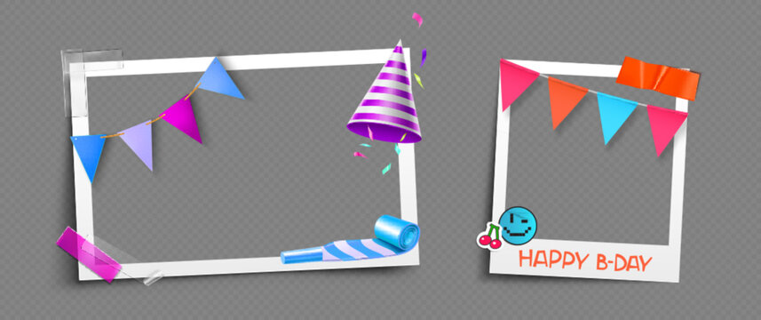 Instant photo collage for birthday party design. Vector realistic set of retro paper photography with garlands, smiling face sticker and sticky tape, vintage snap shot templates for scrapbook album