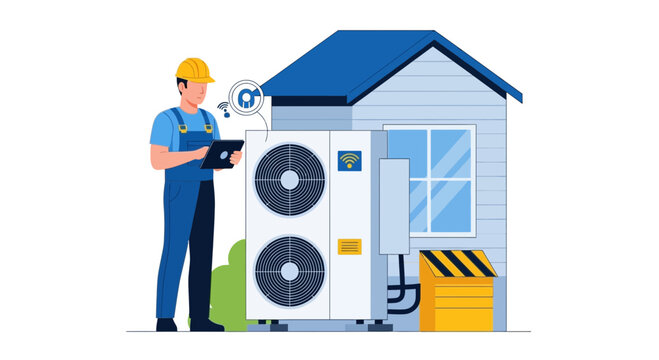 HVAC Technician Using Tablet to Monitor and Maintain Smart Heat Pump System Outside a Residential House