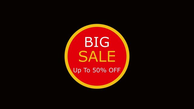 Big sale up to 50% off animated badge for e-commerce marketing and retail promotions animation 4k discount on transparent background. Graphi Animation for Retail Store Shopping Discount Event Advertis