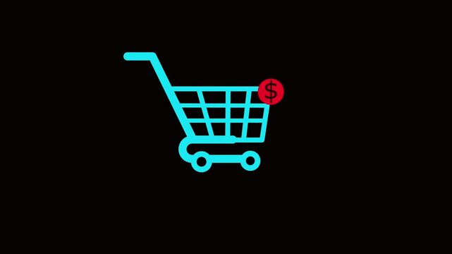 A bright blue shopping cart icon on a black background featuring a red circular badge with a white dollar sign, representing a paid item or pricing.icon animation for digital retail concept.

