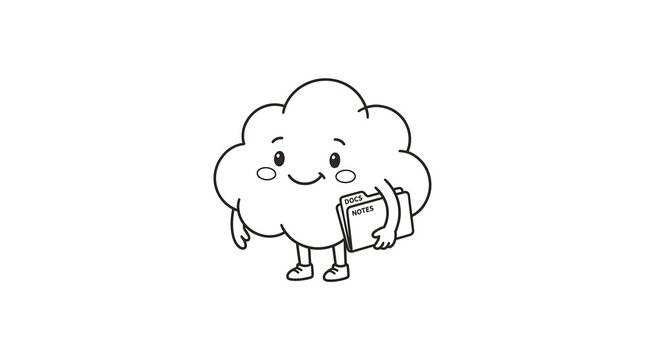 Cloud character holding file folders labeled docs and notes for data storage and management concept.