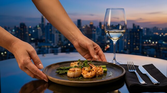 Waiter serving gourmet shrimp dinner at a luxury rooftop restaurant at sunset.