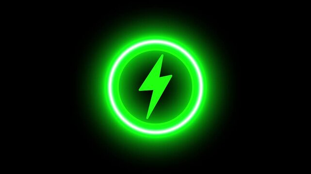 Neon glowing battery charging icon animation with neon circle. Neon power button icon colour glowing colourful animation in black background neon battery charging icon animation.