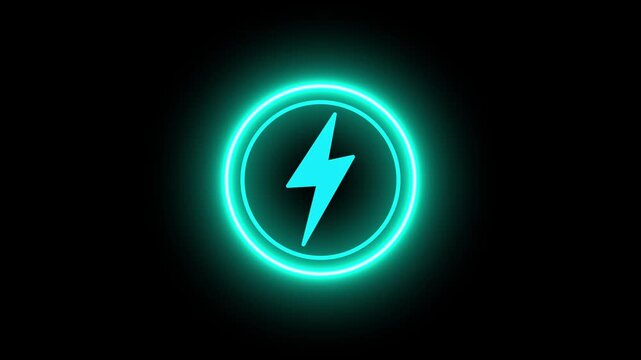 Neon glowing battery charging icon animation with neon circle. Neon power button icon colour glowing colourful animation in black background, 4k